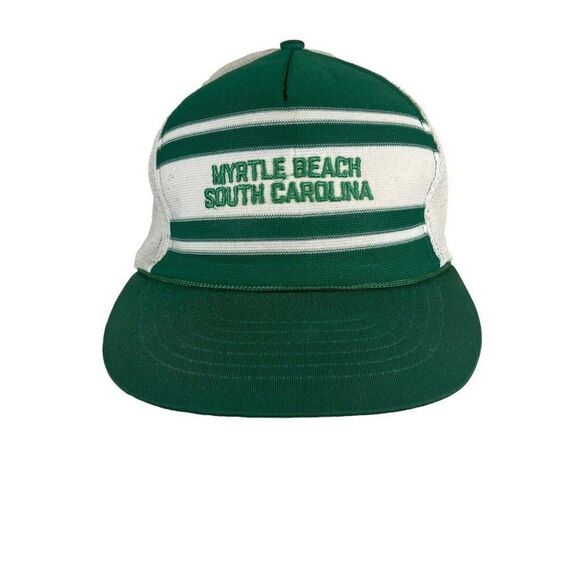 Vintage 3 stripe Trucker Hat Mesh Back Green Myrtle Beach SC SnapBack - Picture 1 of 5